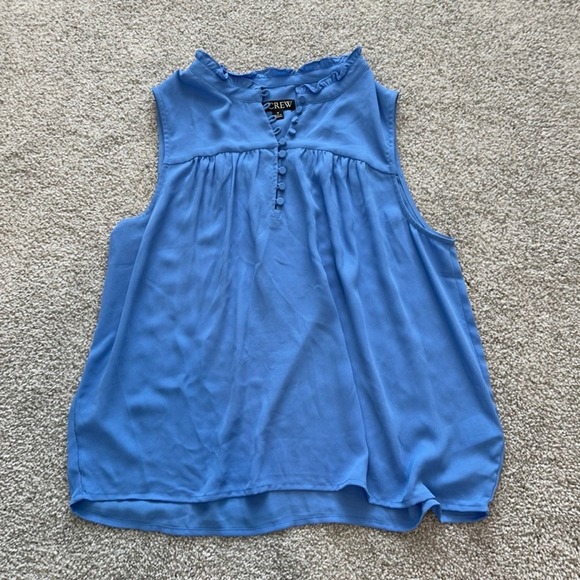 J.Crew Ruffle Neck Button Front Popover Blouse Size M Sleeveless Top Blue Preppy - Picture 1 of 8